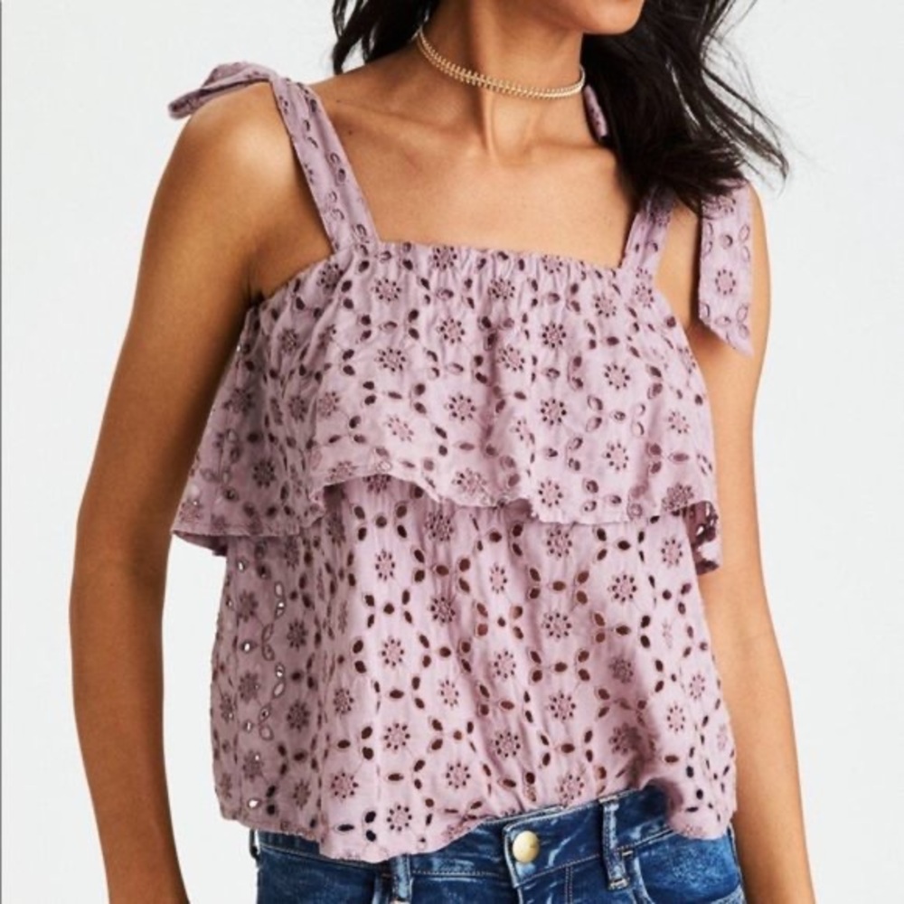American Eagle Lavender Eyelet Ruffle Tank Top SIZE L